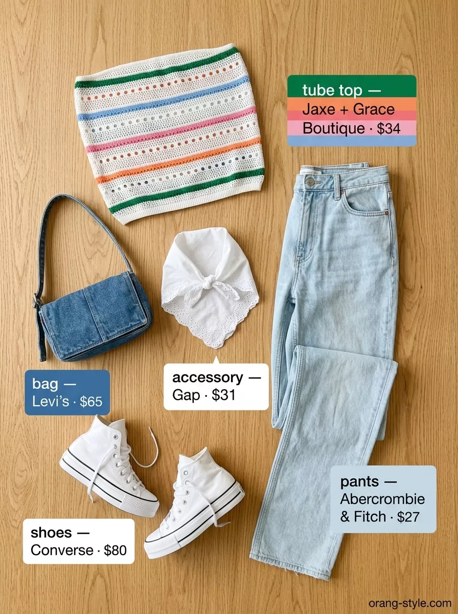 Trendy summer tube top outfits for women 2026: Retro vibes with a crochet tube top, high-waisted jeans, and platform sneakers.