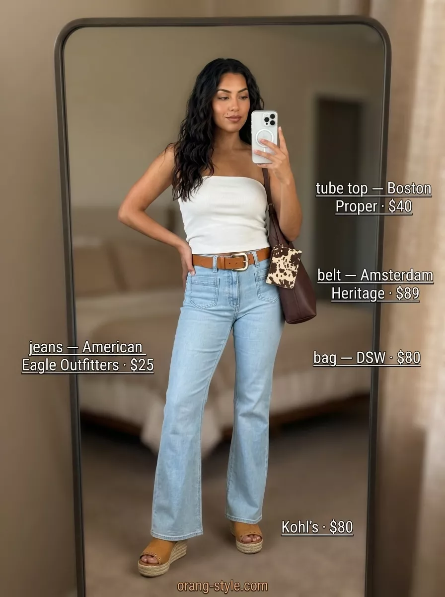 Trendy summer tube top outfits for women 2026: Retro denim tube top with flare jeans, espadrilles, and hobo bag for a casual day out.