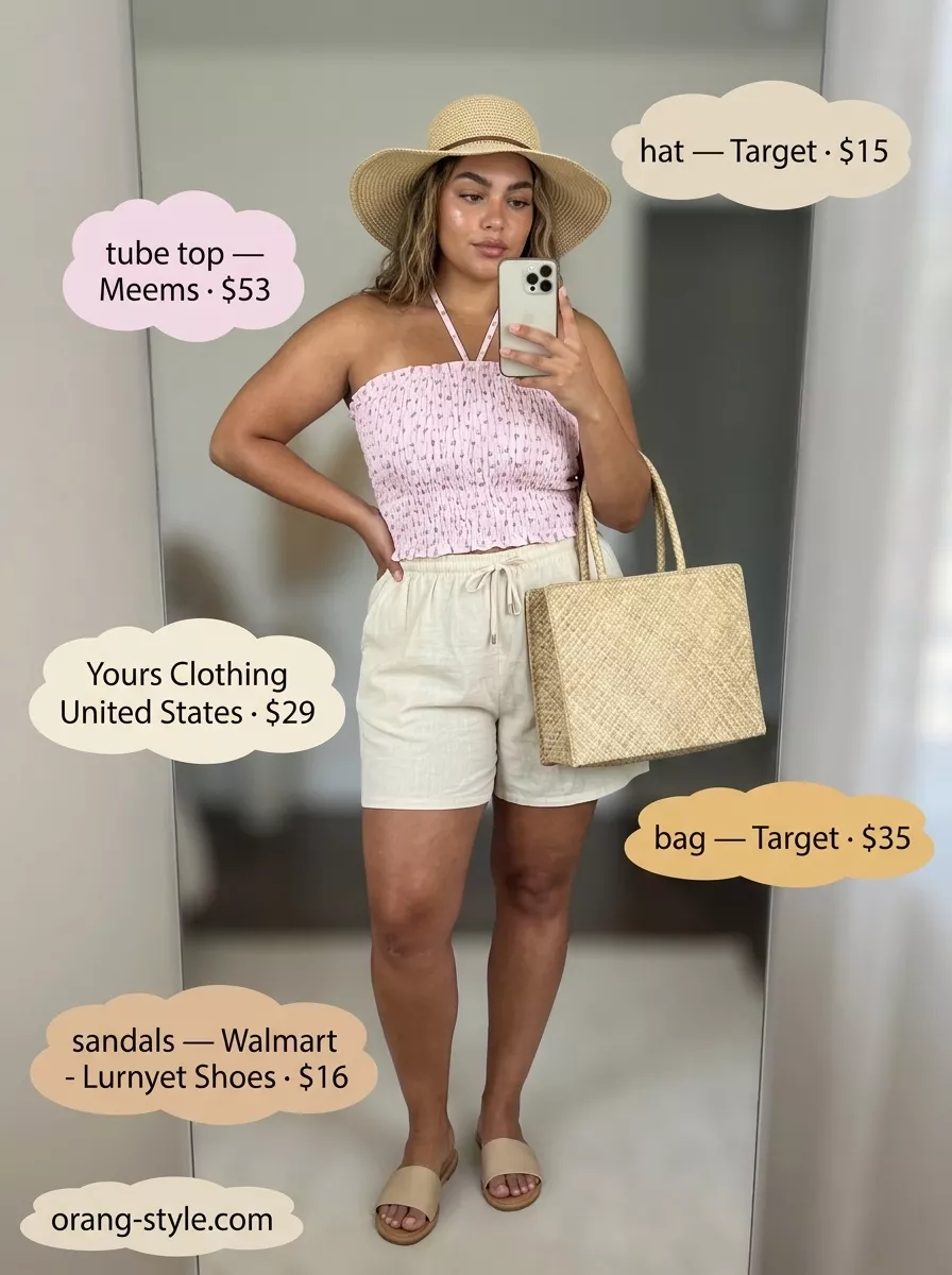 Trendy summer tube top outfits for women 2026: Tropical vacation look with floral tube top, linen shorts, and straw hat.