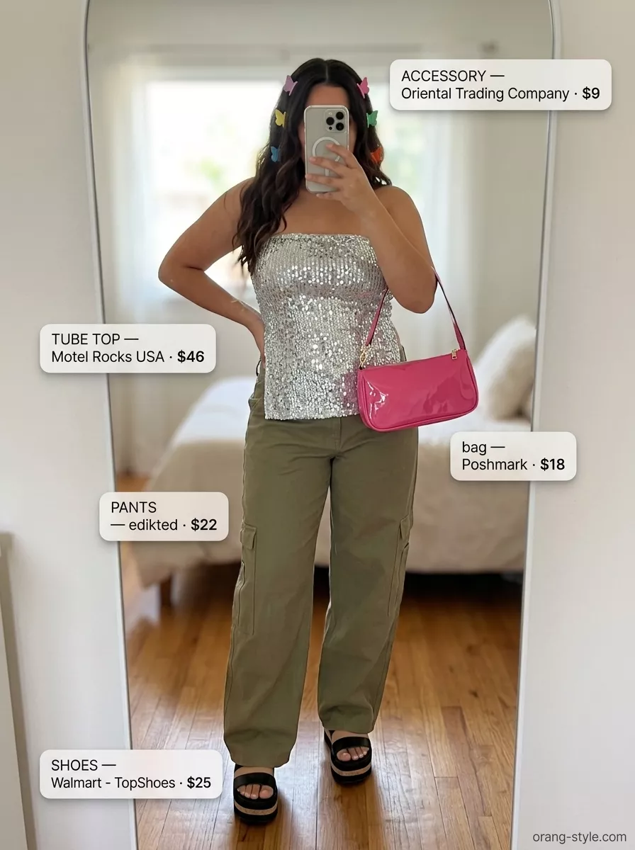 Trendy summer tube top outfits for women 2026: Y2K silver tube top with khaki cargo pants, platform sandals, and mini bag for a night out.