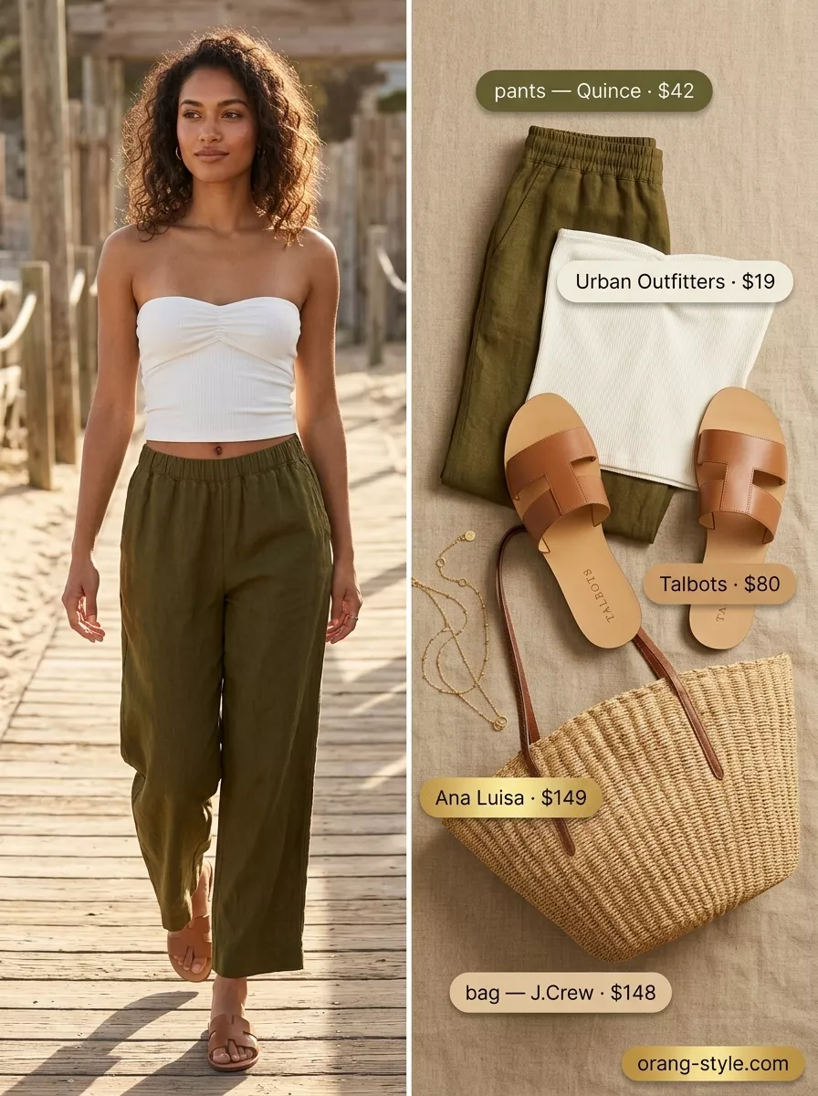 Relaxed coastal linen pants with cream tube top for trendy summer tube top outfits for women 2026.