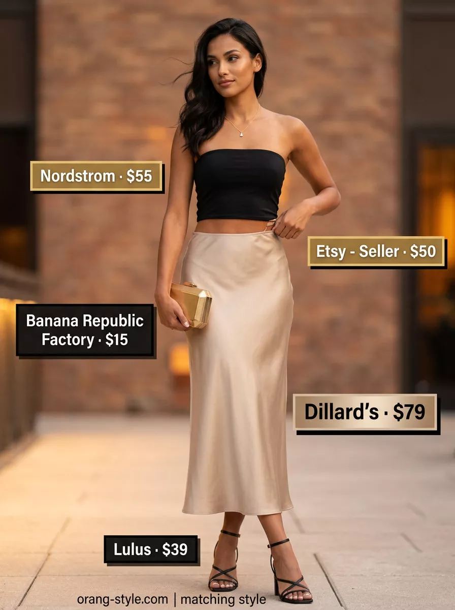 Elegant champagne satin skirt with black tube top for trendy summer tube top outfits for women 2026.