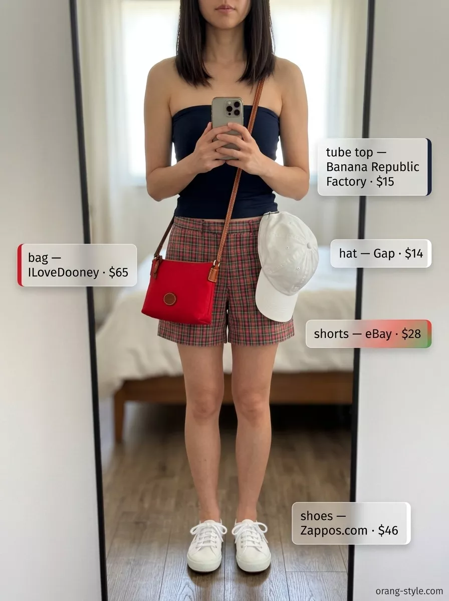 Preppy collegiate outfit with navy tube top, plaid shorts, white cap for trendy summer tube top outfits for women 2026.