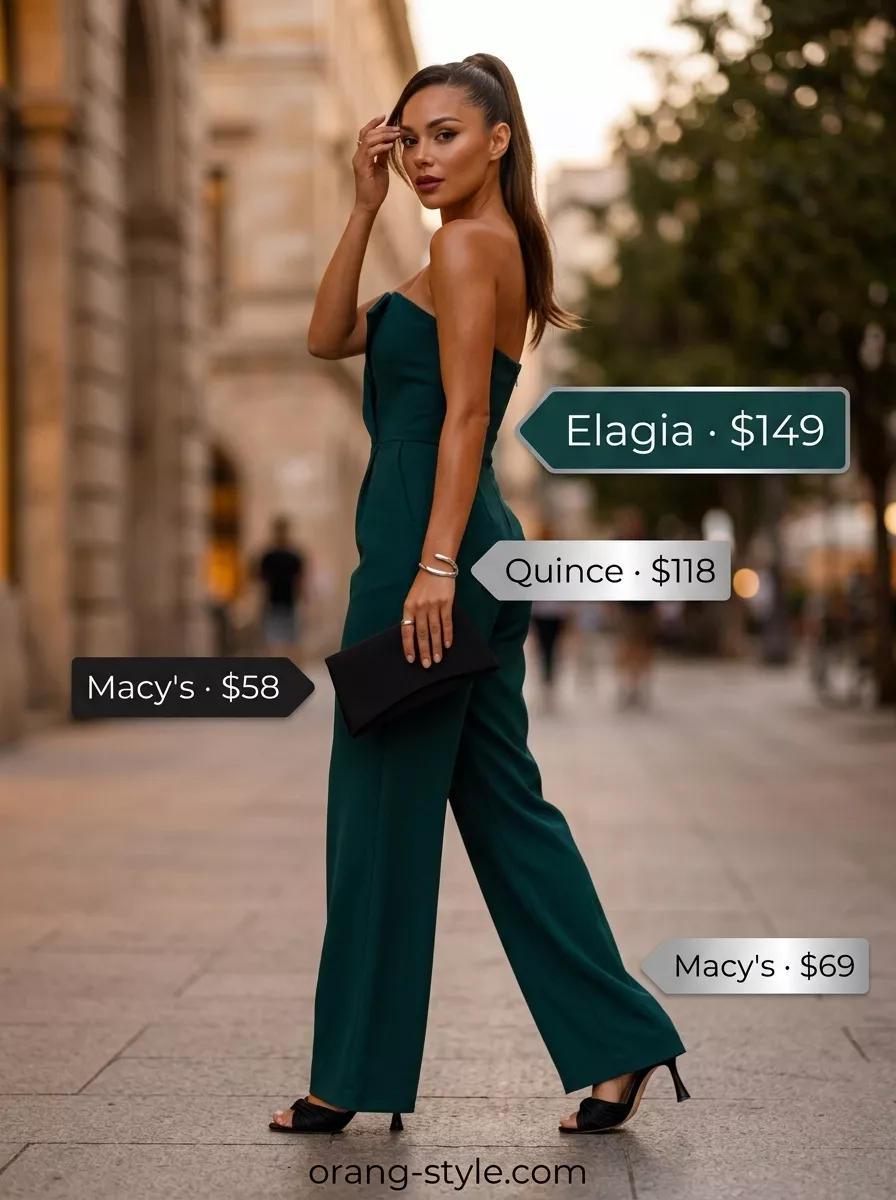 Sophisticated forest green wide-leg jumpsuit with tube top bodice for trendy summer tube top outfits for women 2026.
