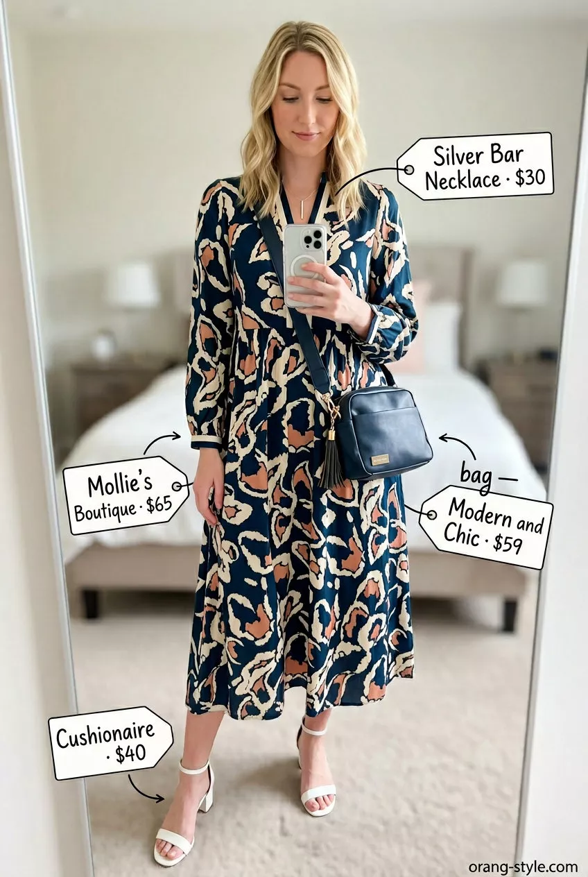 Vibrant print midi dress outfit: teal and navy abstract print, white block heels, navy crossbody. Versatile summer must have outfits for women 2026.