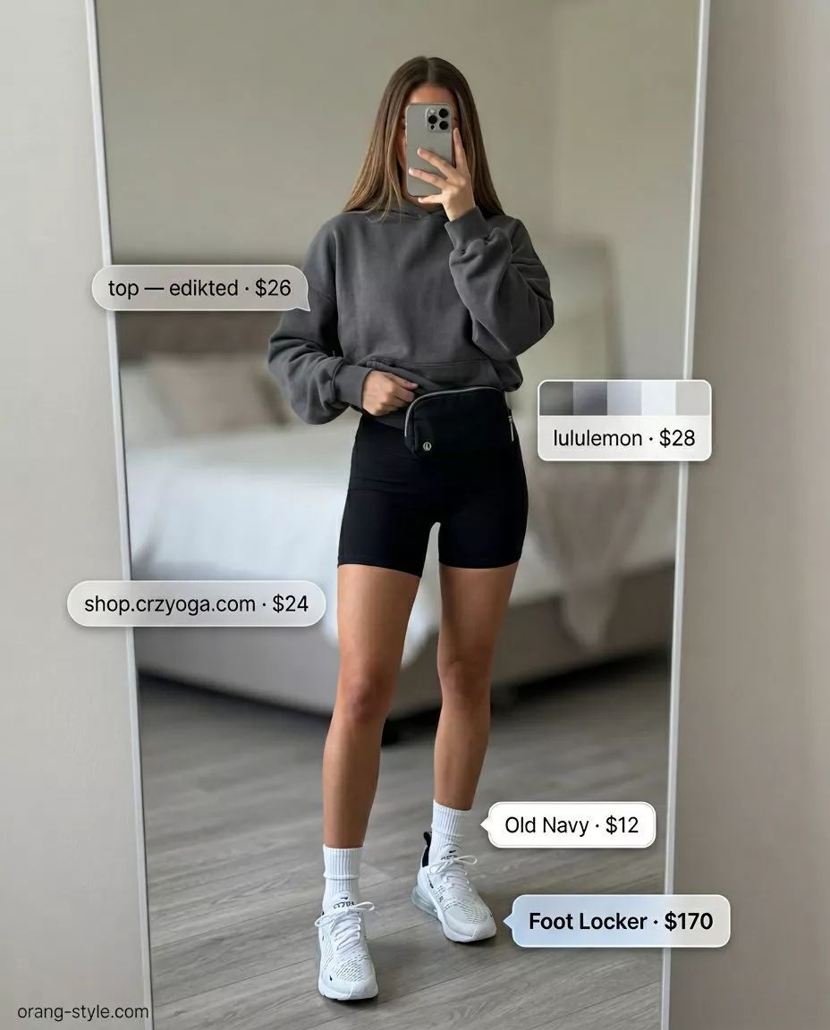 Grey graphic hoodie with black biker shorts and sneakers for versatile summer must have outfits for women 2026.