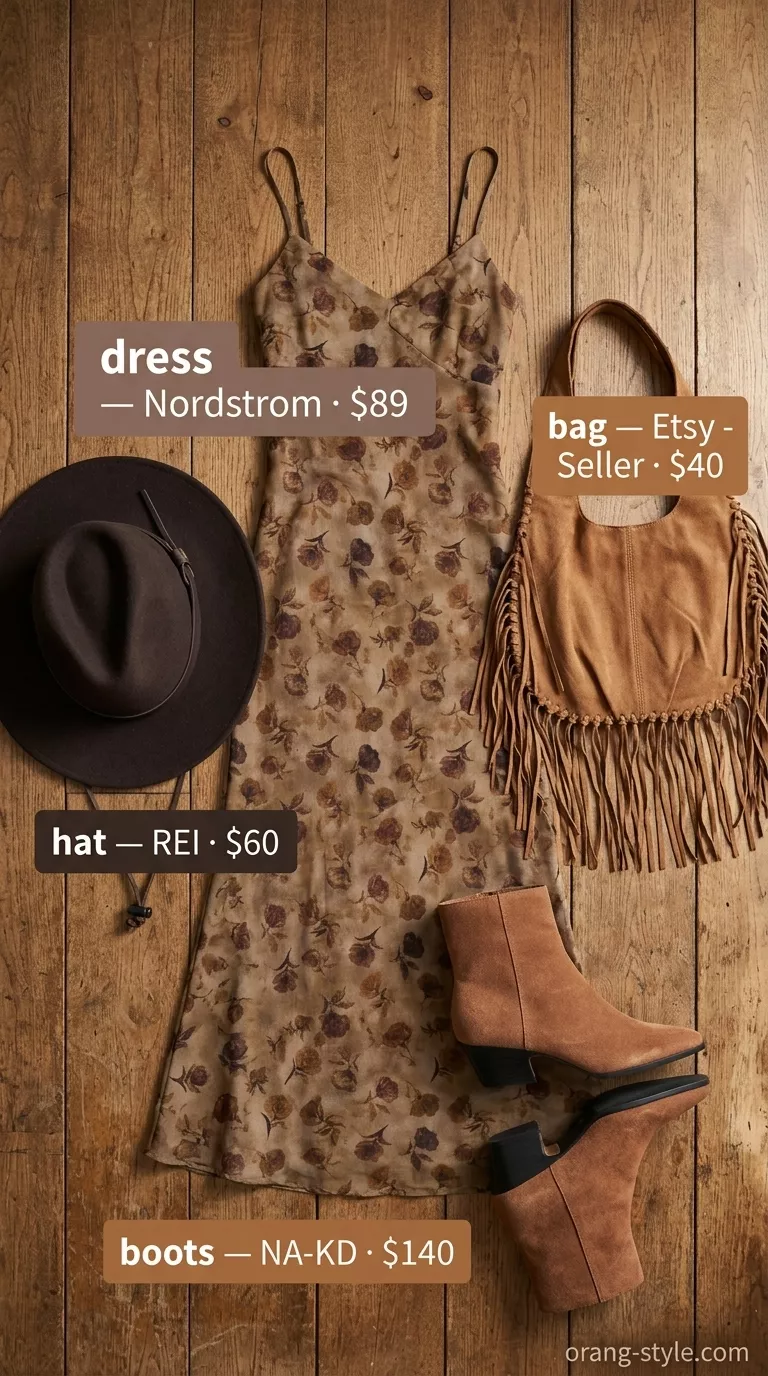 Boho maxi dress outfit: muted floral print, tan suede boots, fringe bag, wide-brimmed hat. Versatile summer must have outfits for women 2026.