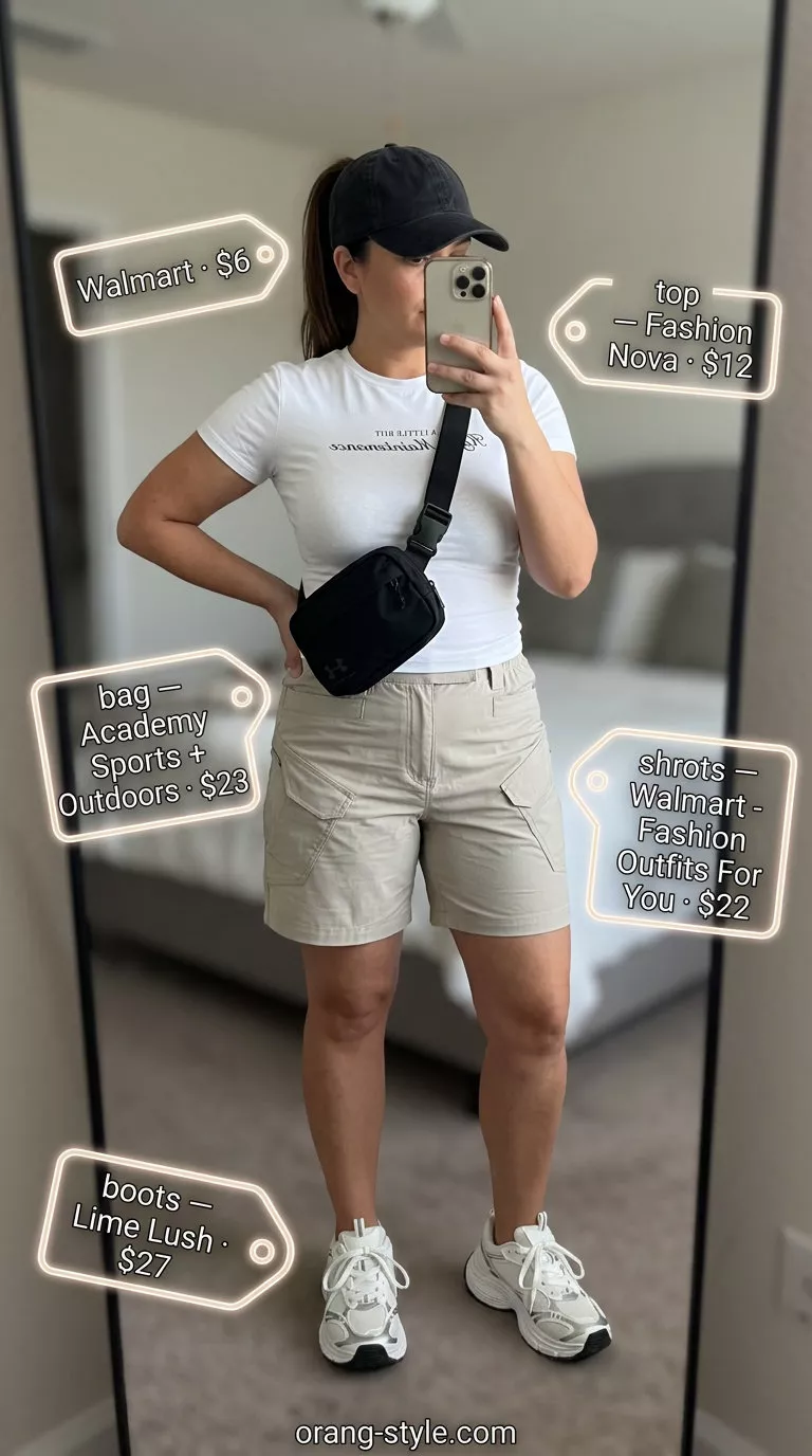 Urban explorer outfit: khaki cargo shorts, graphic tee, black cap, belt bag. Versatile summer must have outfits for women 2026.