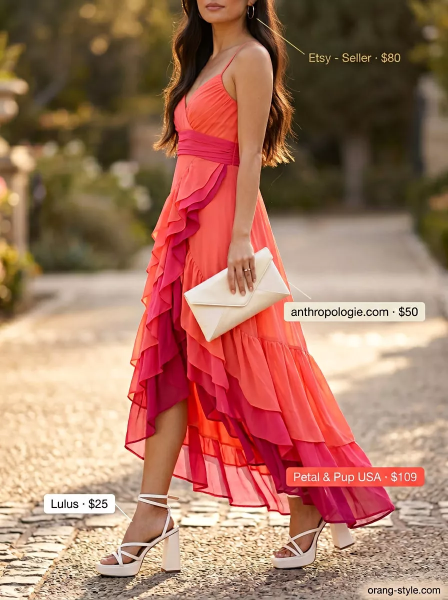 Coral maxi dress with gold earrings and white sandals for versatile summer must have outfits for women 2026.