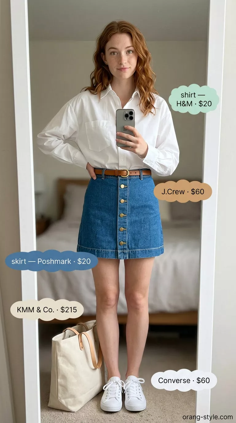 Playful mini skirt outfit: denim blue skirt, white oversized shirt, tan tote bag. Versatile summer must have outfits for women 2026.