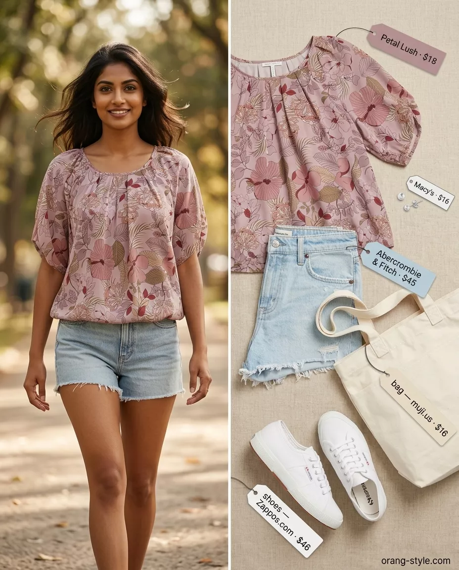 Denim shorts outfit for women: floral blouse, denim shorts, sneakers, canvas tote. Versatile summer must have outfits for women 2026.