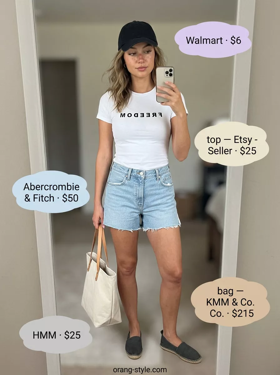 Casual denim shorts outfit: light wash shorts, graphic tee, espadrilles, canvas tote. Versatile summer must have outfits for women 2026.