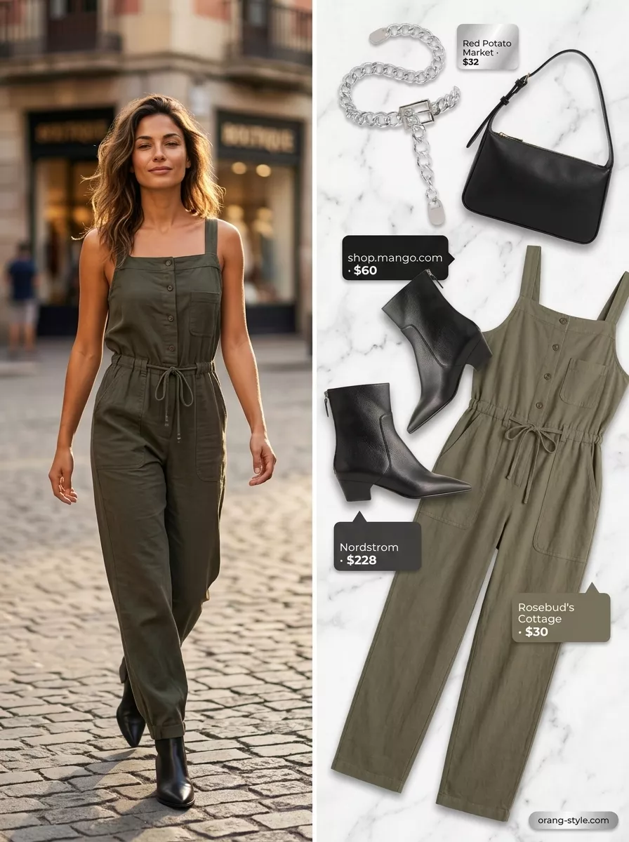 Olive green jumpsuit outfit for women: utility jumpsuit, ankle boots, chain belt. Versatile summer must have outfits for women 2026.