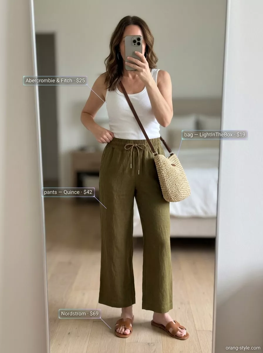 Olive green linen pants outfit for women: wide-leg pants, white tank, sandals, hoop earrings. Versatile summer must have outfits for women 2026.