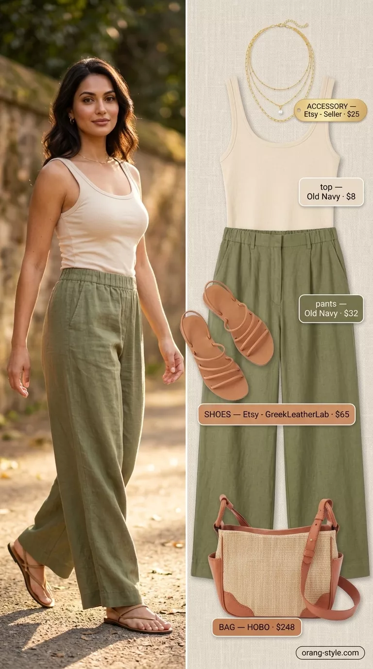 Sage green linen pants outfit for women: wide-leg pants, ribbed tank, sandals, crossbody bag. Versatile summer must have outfits for women 2026.