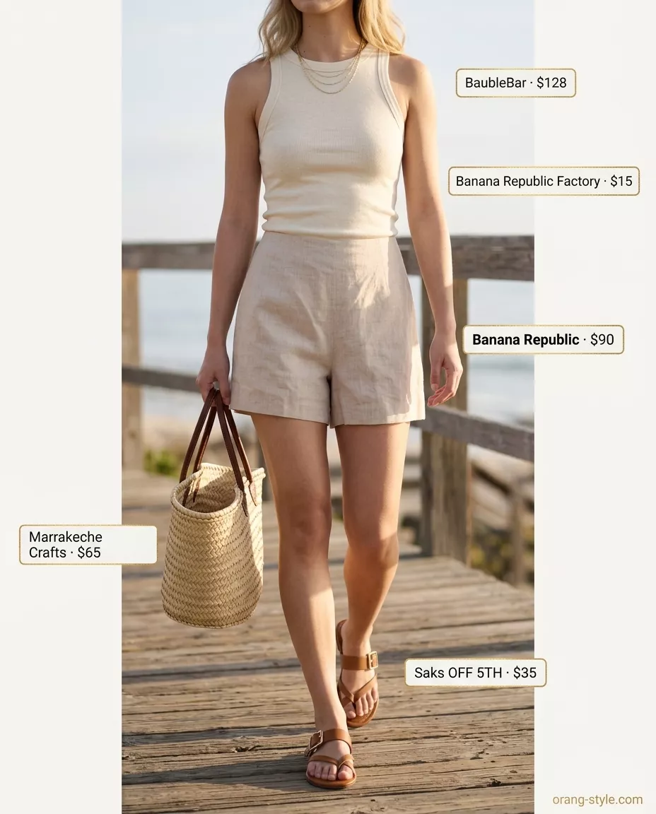 Cream linen set for women: high-waisted shorts, oversized shirt, ribbed tank, gold jewelry. Versatile summer must have outfits for women 2026.