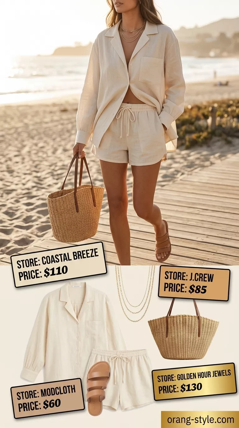 Coastal linen set outfit: cream oversized shirt, wide-leg shorts, tan slides, straw tote. Versatile summer must have outfits for women 2026.