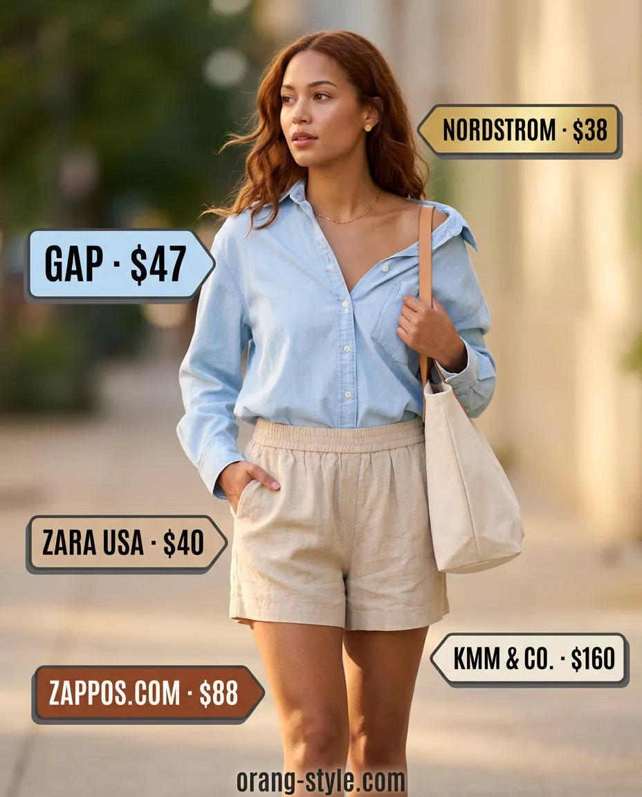 Beige linen shorts outfit for women: shorts, oversized chambray shirt, sandals, tote. Versatile summer must have outfits for women 2026.