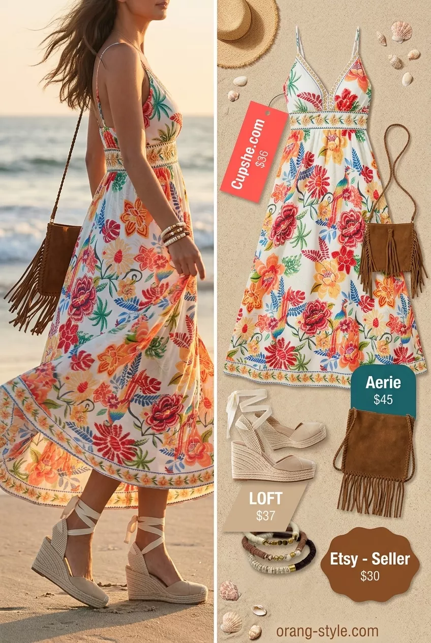 Coral maxi dress outfit for women: floral print dress, espadrilles, fringe bag. Versatile summer must have outfits for women 2026.