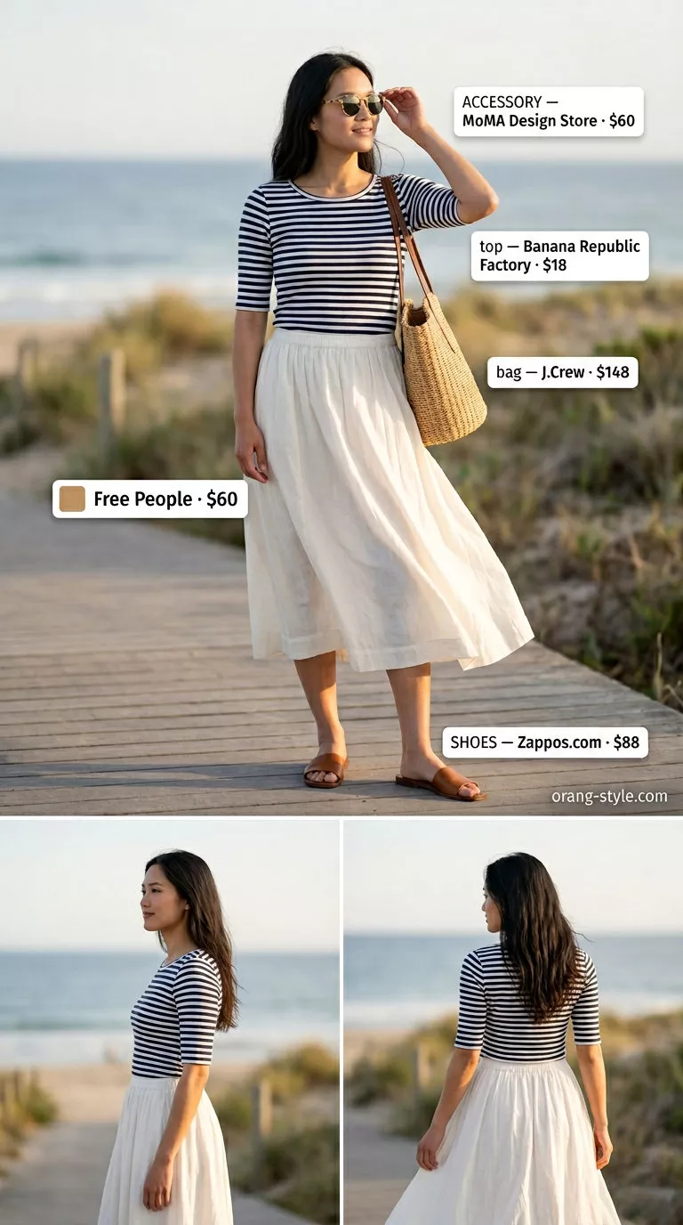Ivory midi skirt outfit for women: linen skirt, breton tee, straw tote, sandals. Versatile summer must have outfits for women 2026.