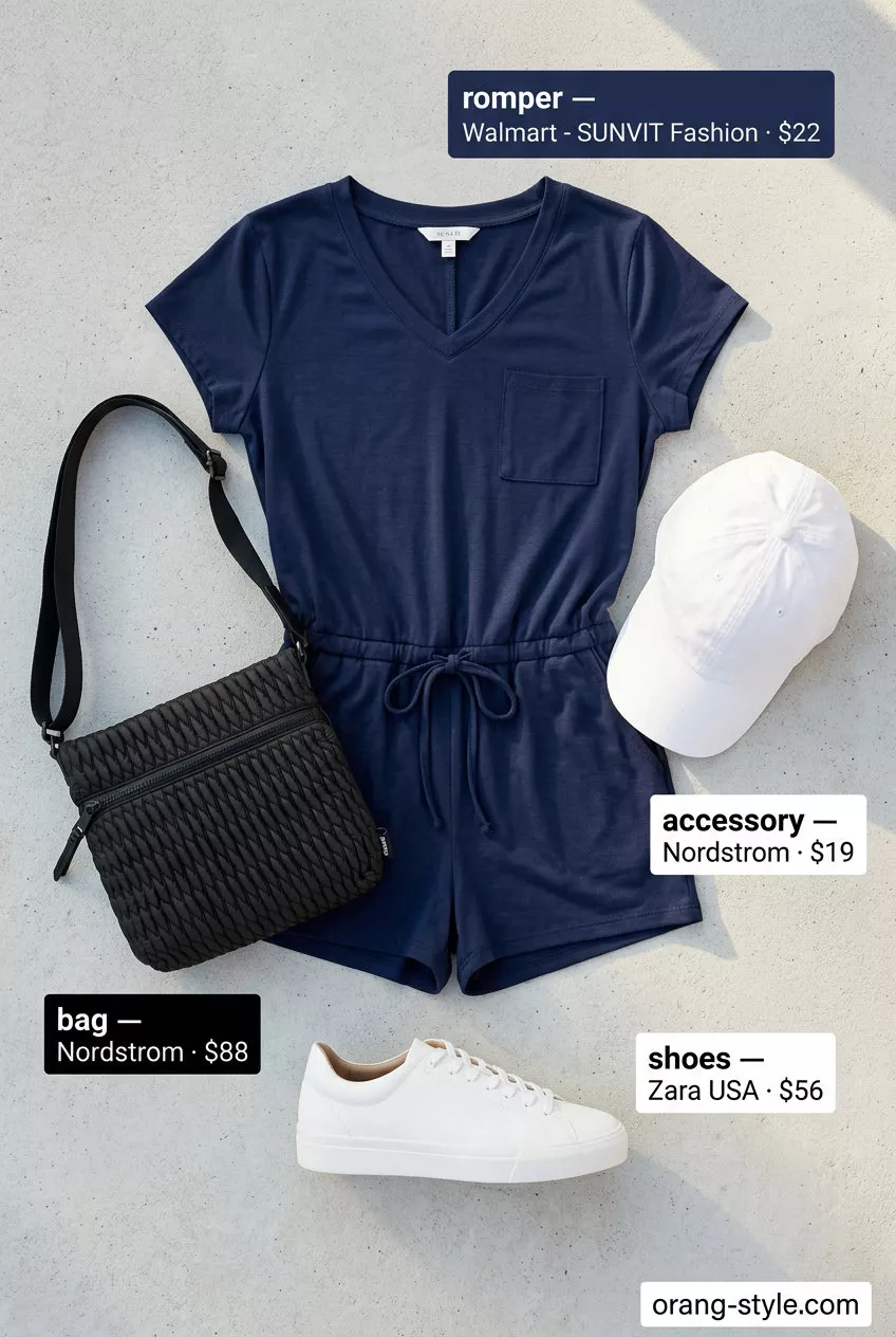 Navy romper with white sneakers and baseball cap for versatile summer must have outfits for women 2026.