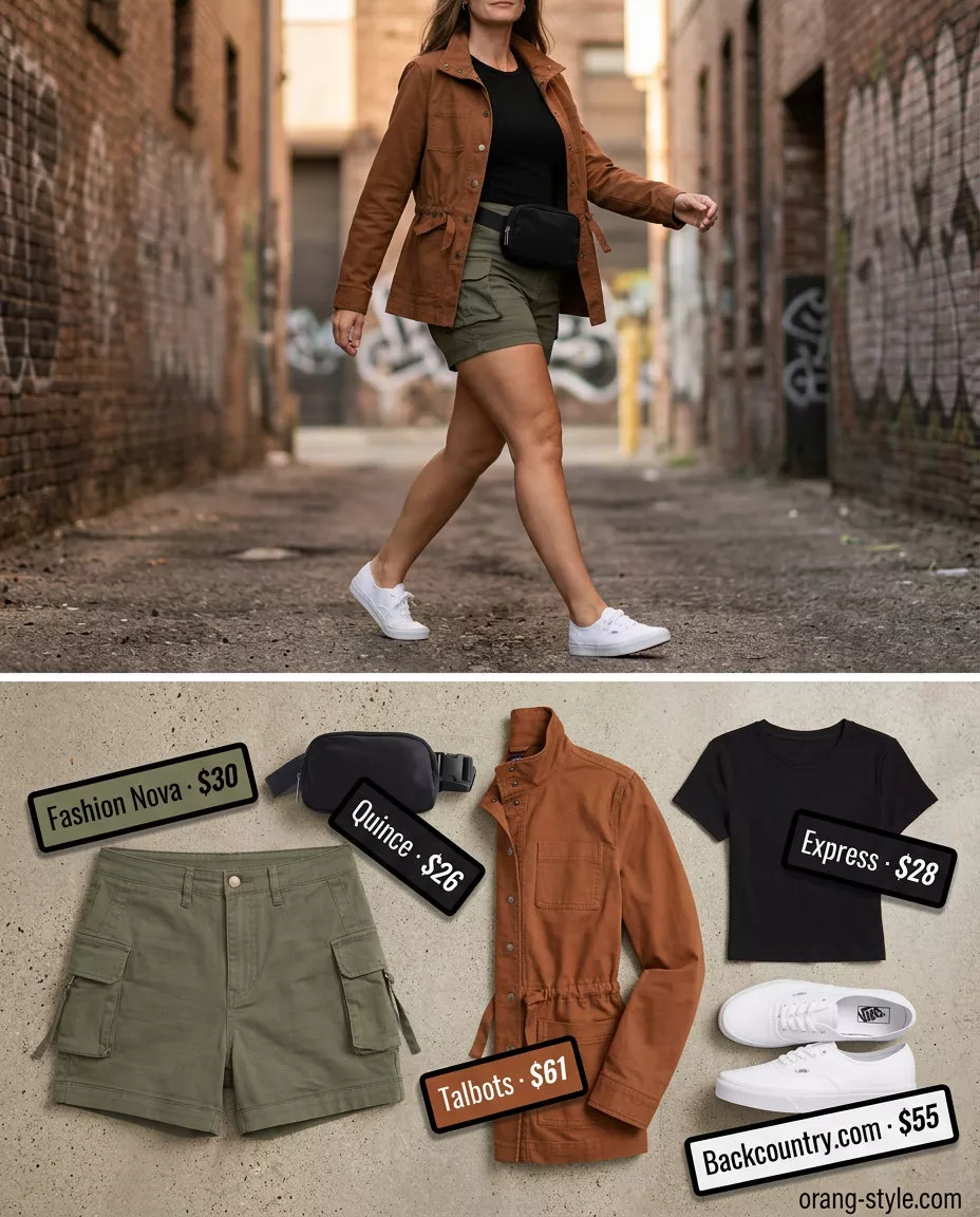 Urban explorer outfit: olive green cargo shorts, utility jacket, black tee, belt bag. Versatile summer must have outfits for women 2026.
