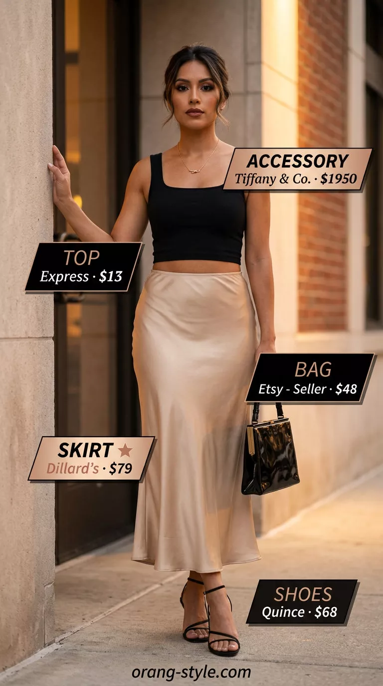 Chic midi skirt outfit: champagne satin skirt, black crop top, gold necklace. Versatile summer must have outfits for women 2026.