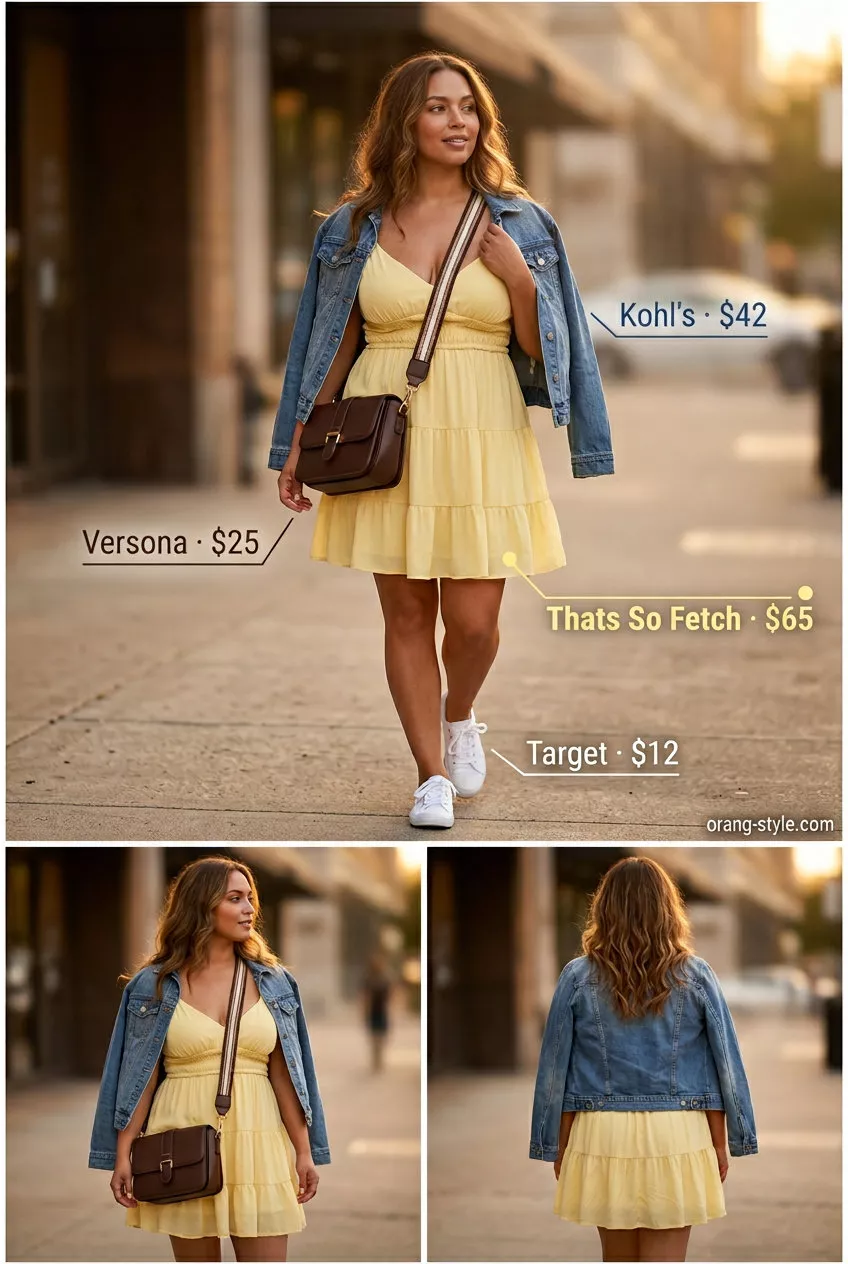 Yellow sundress outfit for women: tiered mini dress, denim jacket, white sneakers, crossbody bag. Versatile summer must have outfits for women 2026.