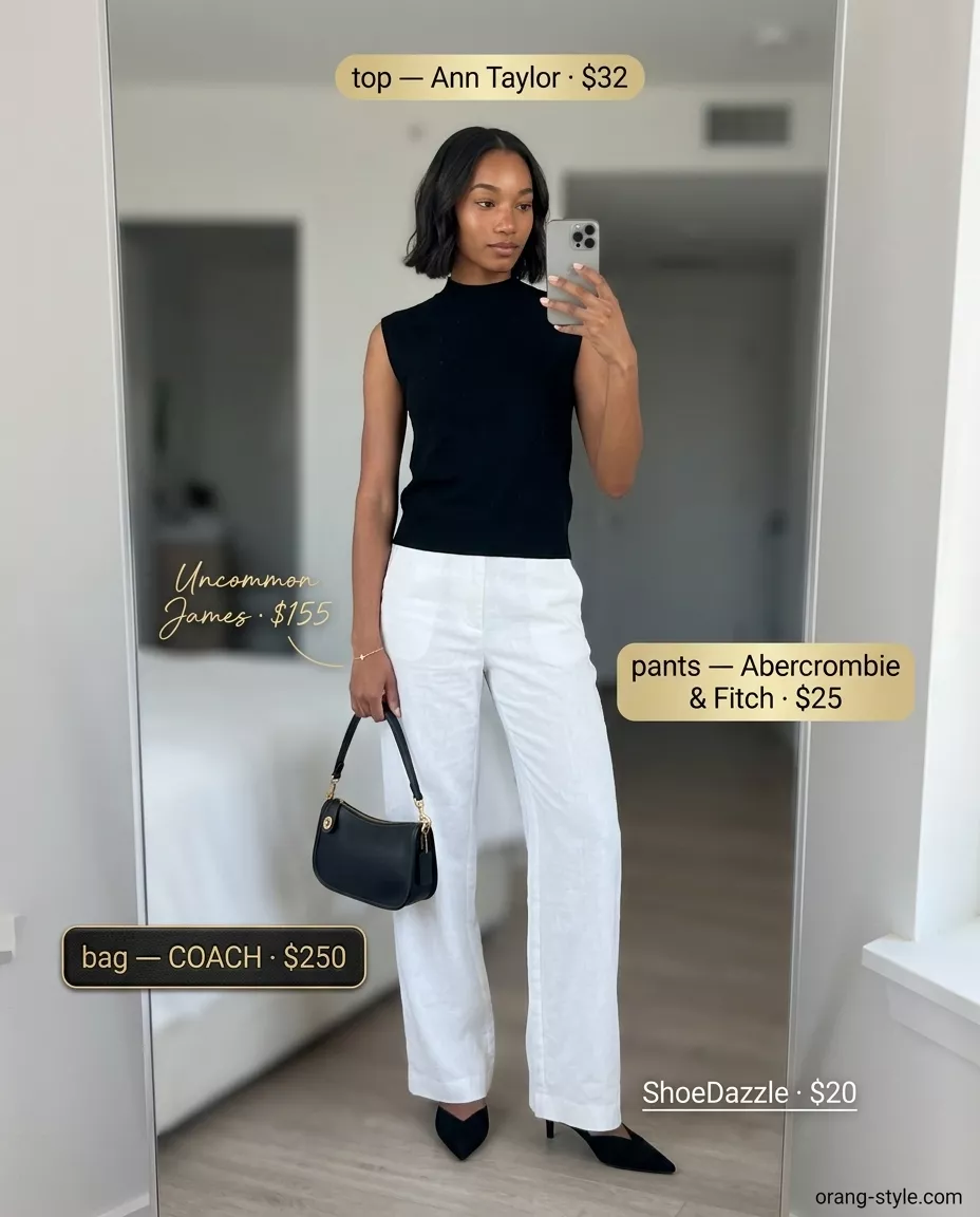 White wide-leg trousers with black blouse and mules for versatile summer must have outfits for women 2026.