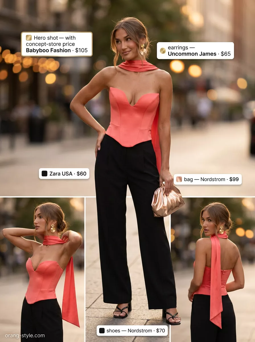 City chic outfit: coral corset top, black wide-leg pants, gold accessories. Versatile summer must have outfits for women 2026.