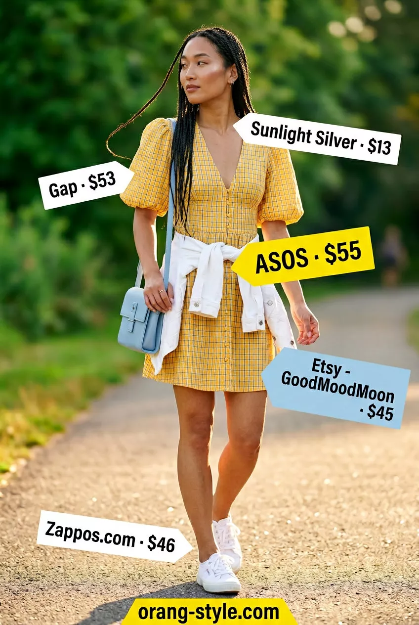 Yellow gingham mini sundress with denim jacket and white sneakers for versatile summer must have outfits for women 2026.