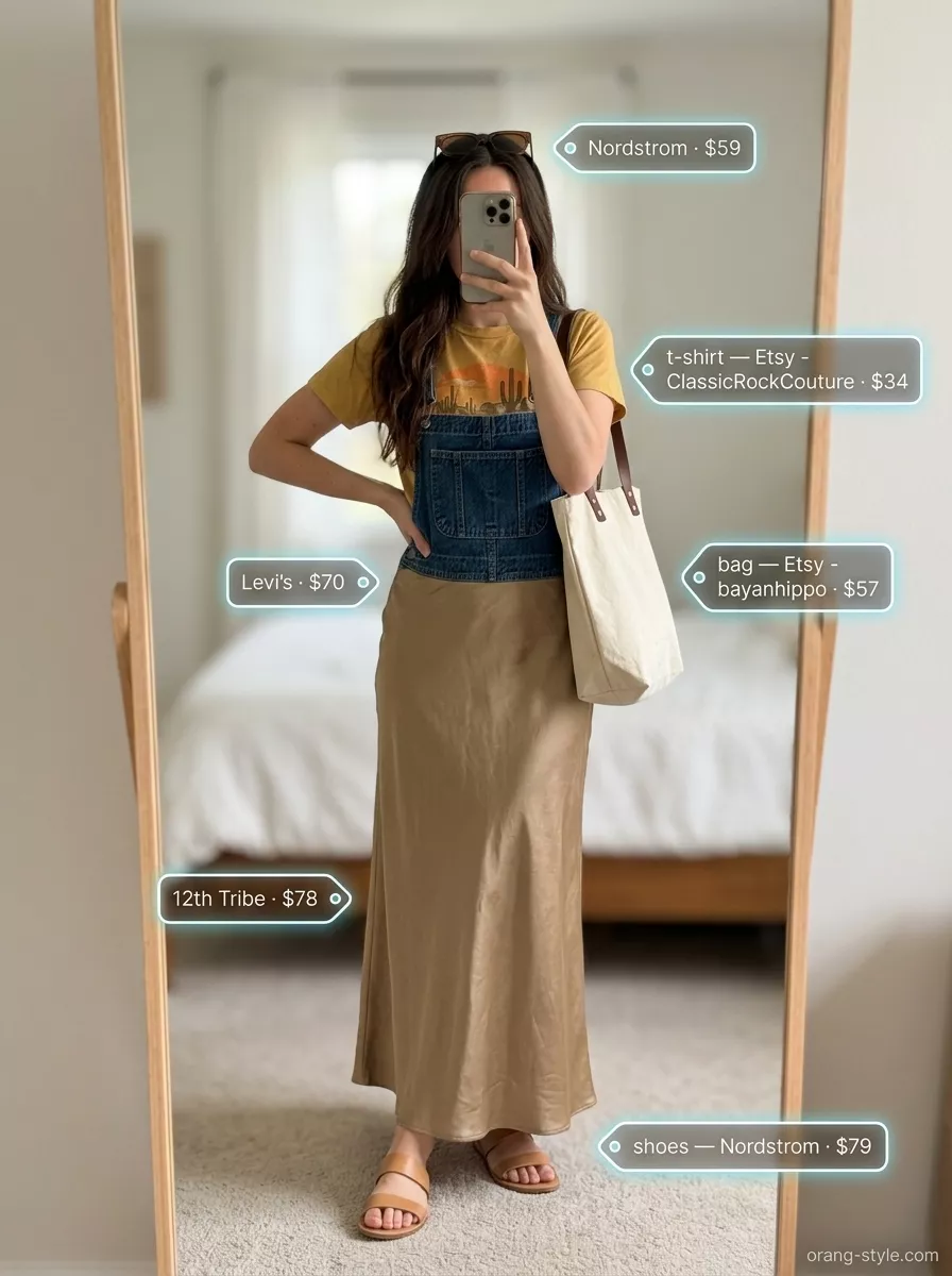 Vintage summer t-shirt outfit for women 2026: Muted yellow graphic tee, denim overalls, satin maxi skirt, canvas tote.