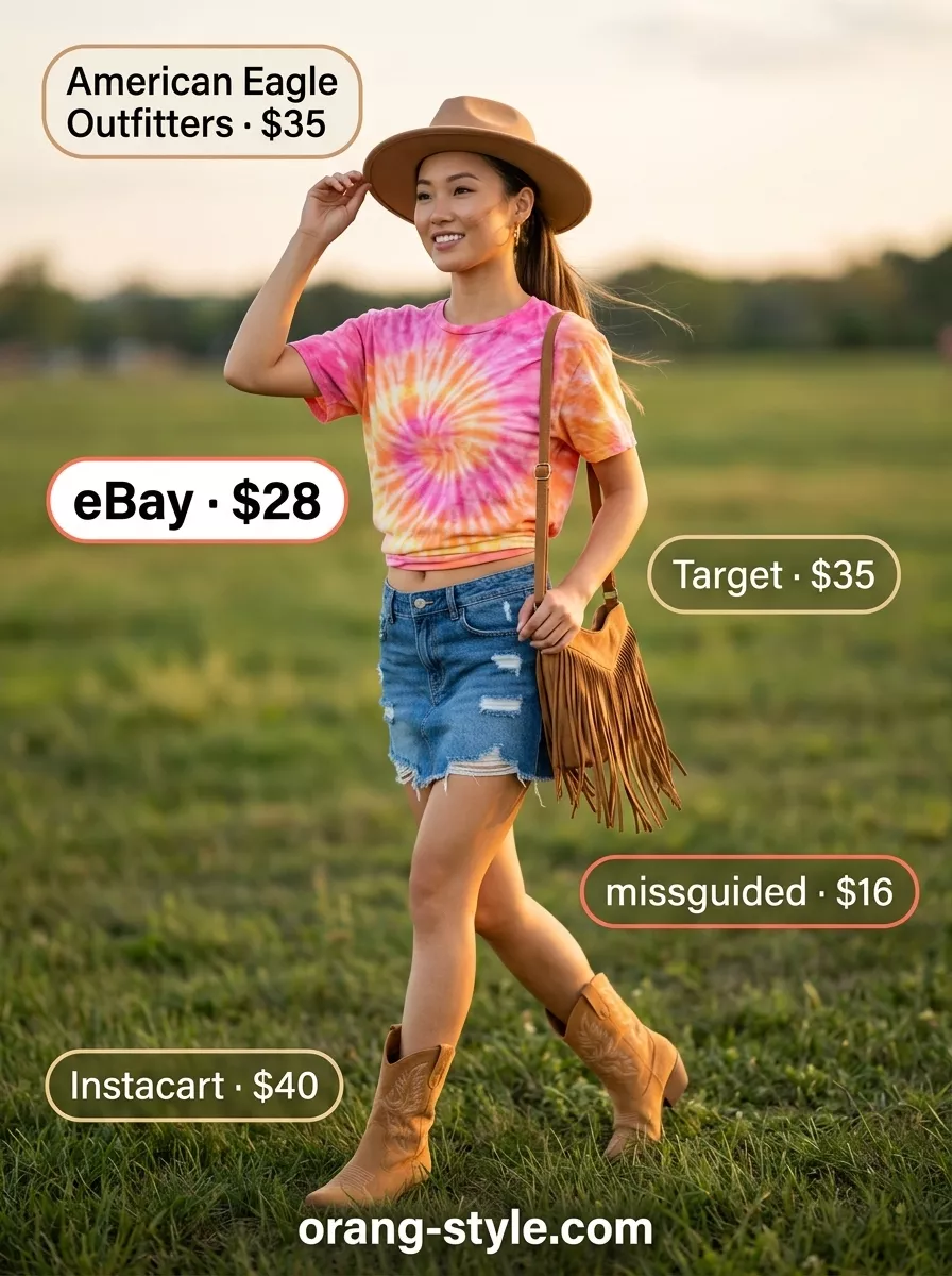 Vintage summer t-shirt outfit for women 2026: Tie-dye tee, distressed denim mini skirt, cowboy boots, felt hat.