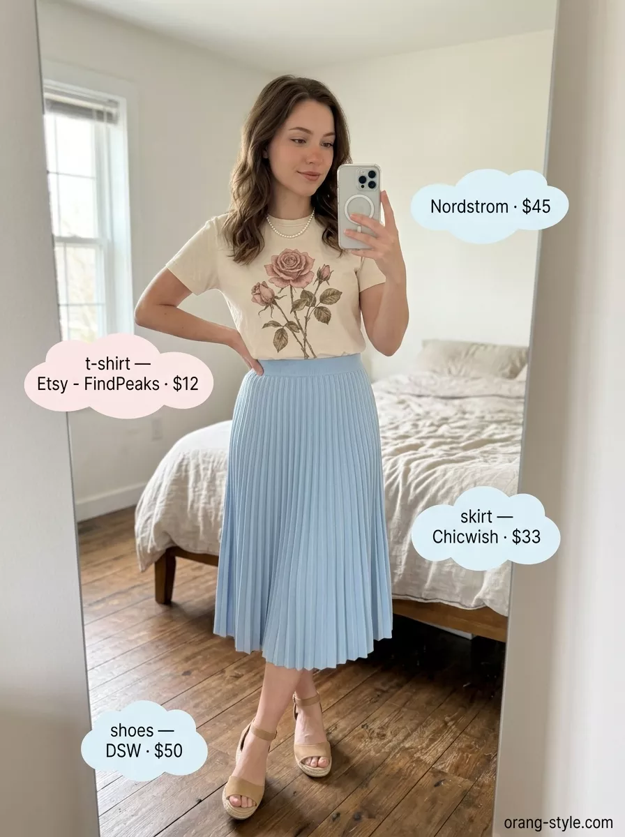 Vintage summer t-shirt outfit for women 2026: Cream floral tee, light blue midi skirt, straw basket bag, espadrilles.