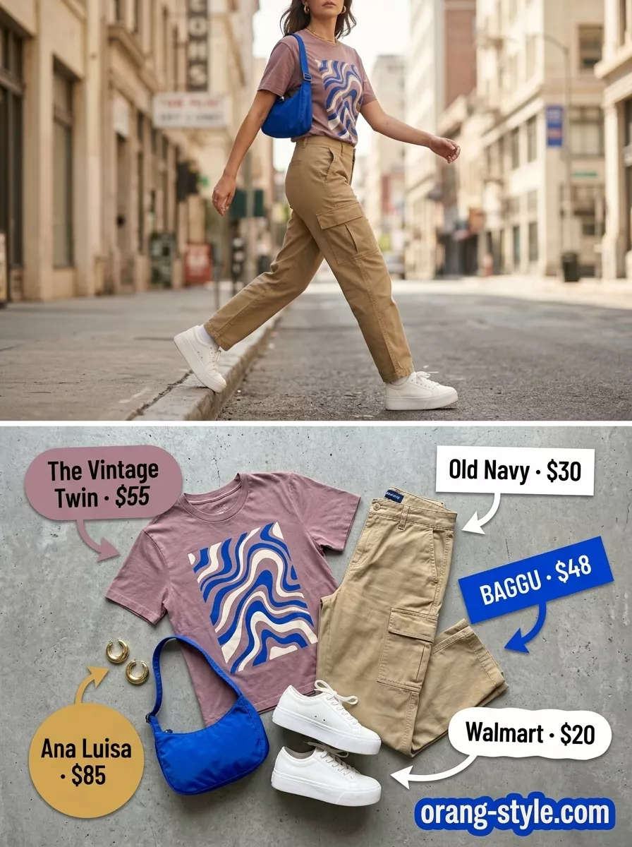 Vintage summer t-shirt outfit for women 2026: Cobalt blue graphic tee, khaki cargo pants, chunky sneakers, gold hoops.