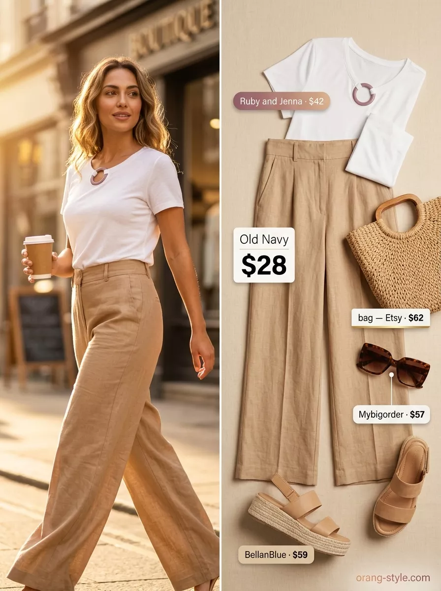 Vintage summer t-shirt outfit for women 2026: White ringer tee, navy trim, wide-leg linen pants, espadrilles.