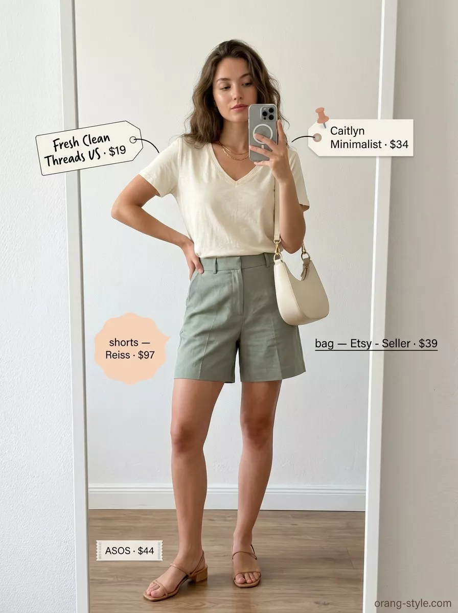 Vintage summer t-shirt outfit for women 2026: Sage green tee, cream tailored shorts, white sandals, gold necklace.