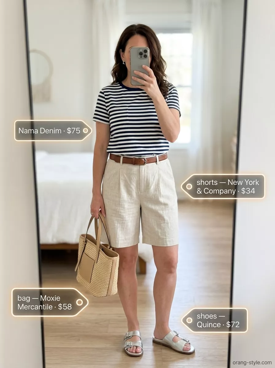 Vintage summer t-shirt outfit for women 2026: Navy stripe tee, white Bermuda shorts, beige slides, straw tote.