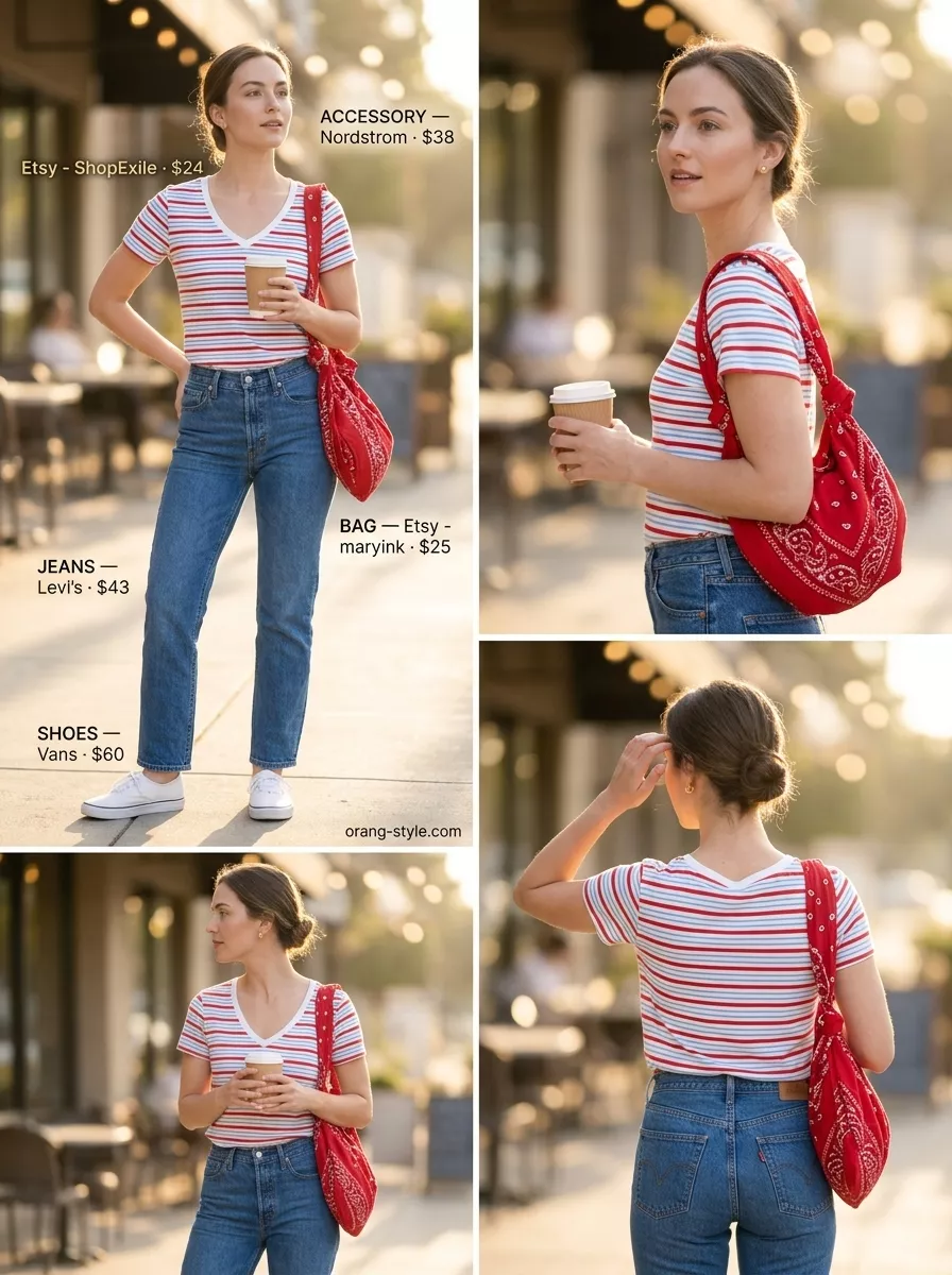 Americana summer BBQ outfit with vintage ringer t-shirt, denim jeans, and canvas sneakers for women 2026.