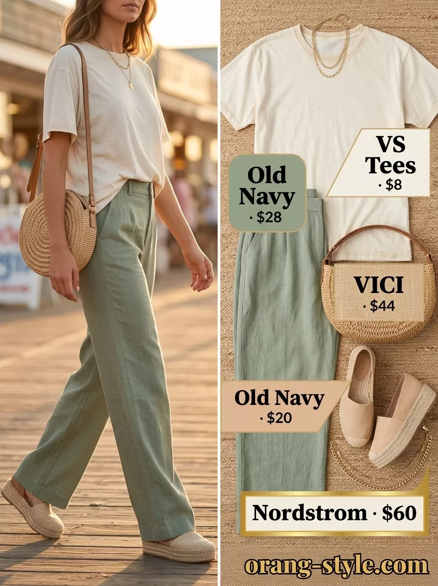Breezy boardwalk outfit with vintage t-shirt, linen pants, espadrilles, and straw crossbody for women 2026.