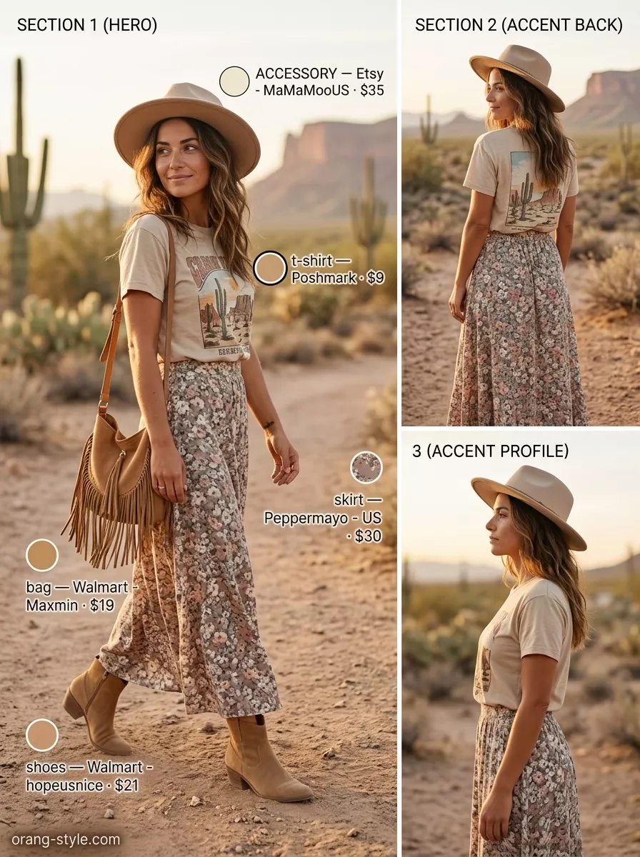 Boho desert maxi skirt outfit with vintage t-shirt, straw hat, and ankle boots for women 2026.