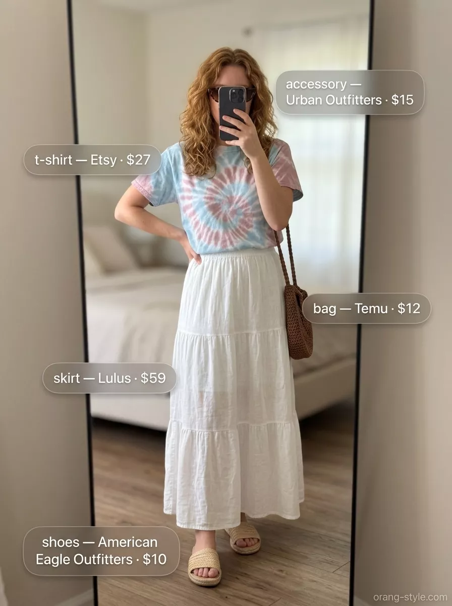 Vintage summer t-shirt outfit women 2026: Pastel tie-dye tee with flowy white maxi skirt, espadrilles, and straw bag.