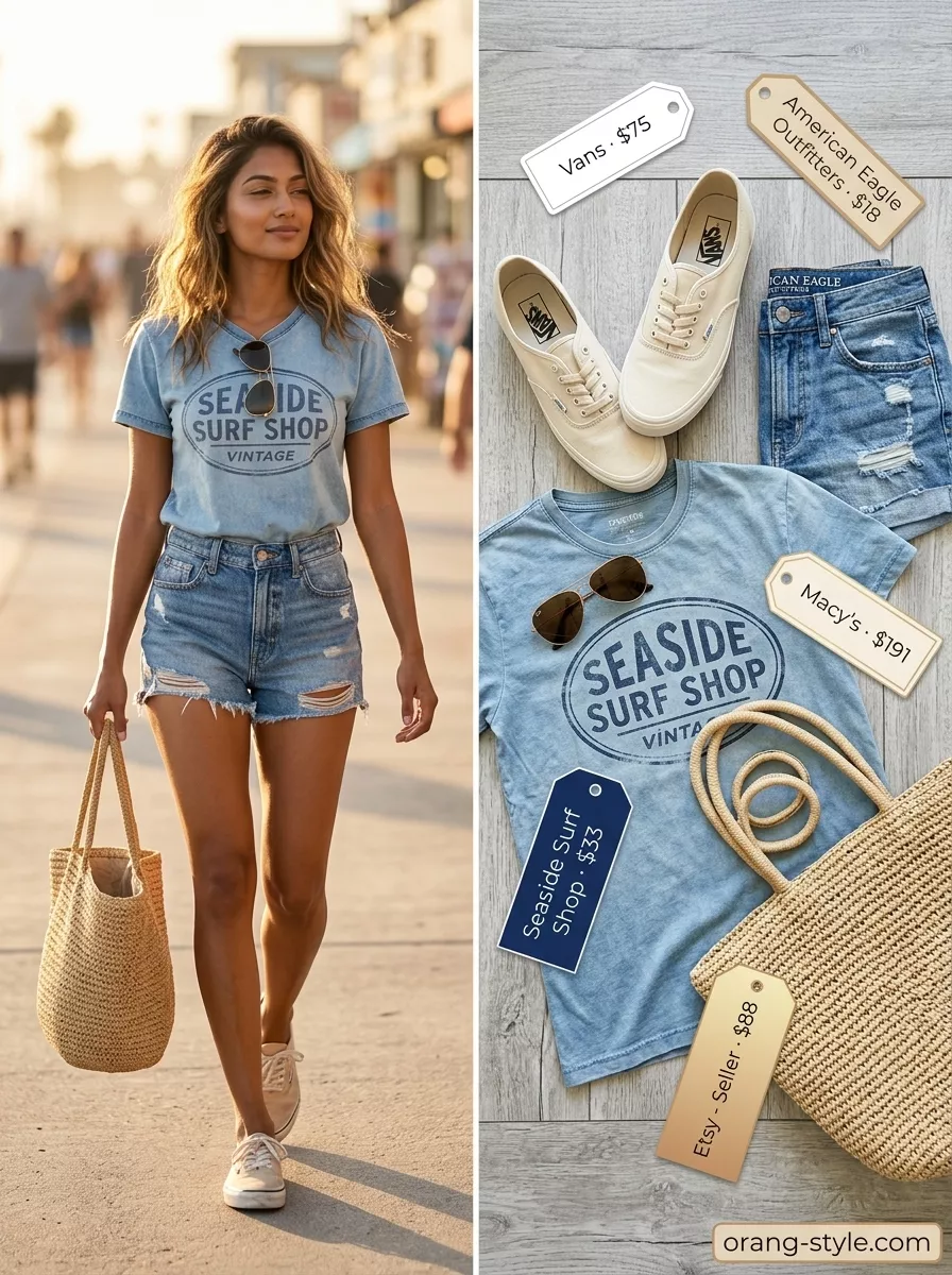 Relaxed coastal outfit with vintage surf t-shirt, denim shorts, and straw tote for women 2026.