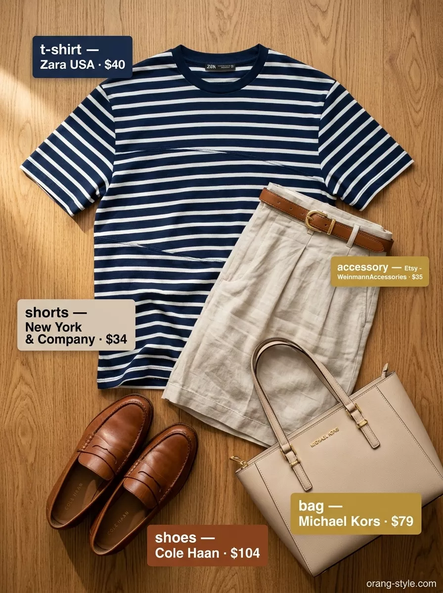 Polished office outfit with striped t-shirt, Bermuda shorts, and loafers for women 2026.