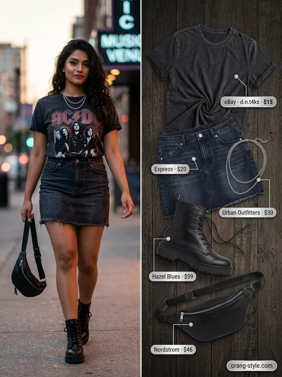 Edgy festival outfit with vintage band t-shirt, denim mini skirt, and combat boots for women 2026.