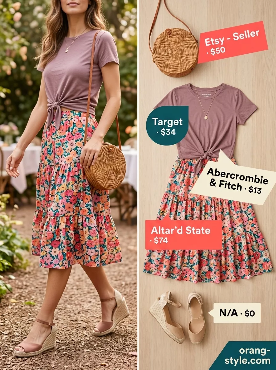 Vintage summer t-shirt outfit women 2026: Oversized pastel tee knotted with floral midi skirt, wicker bag, and espadrilles.