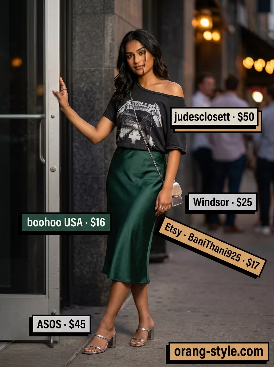 Vintage summer t-shirt outfit women 2026: Black rock band tee with emerald satin midi skirt, strappy sandals, and silver rings.