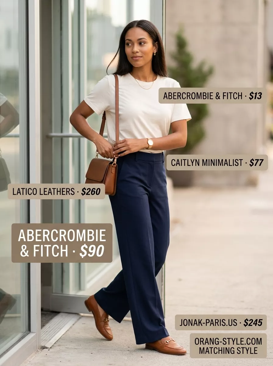 Smart casual office outfit with vintage t-shirt, navy trousers, and loafers for women 2026.