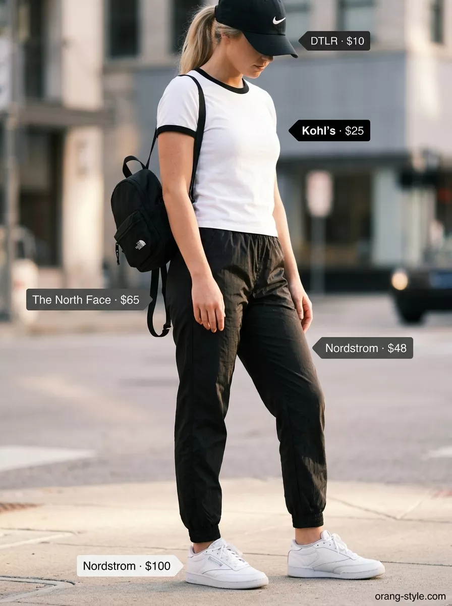 Vintage summer t-shirt outfit women 2026: White ringer tee with black track pants, white sneakers, and red baseball cap.