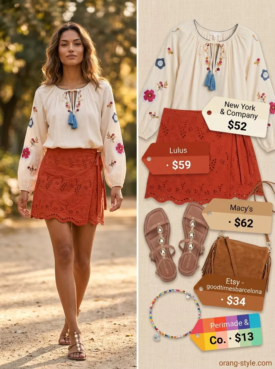 Boho Festival Wrap Mini Skirt Outfits Summer 2026 Floral print wrap mini skirt outfit for a festival with cream blouse & suede bag. Summer 2026 boho style.
